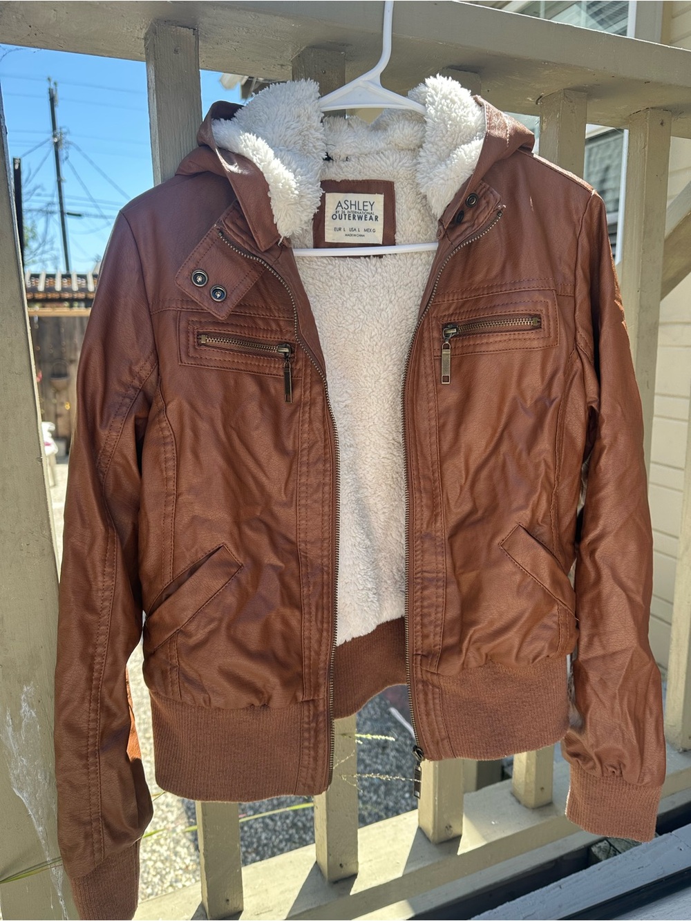 Women’s Brown Faux Leather Hooded Jacket with Sherpa Lining - Picture 1 of 7